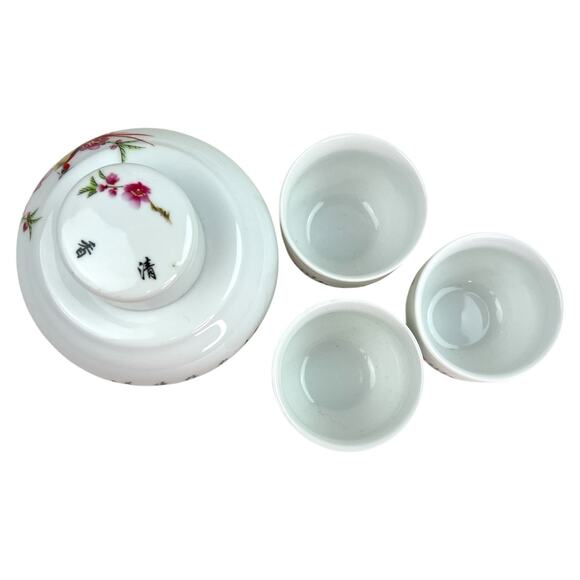 Vintage 1980s Jingdezhen Porcelain Tea Set Cherry Blossoms Birds 3 Cups Jar - Picture 3 of 8
